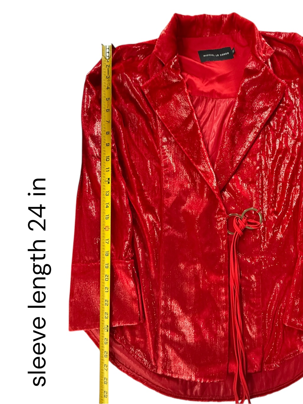 Michael Lo Sordo Women Blazer Size 10 Red Metallic Silk Blend Belted Wrap Top — image 7 of 8